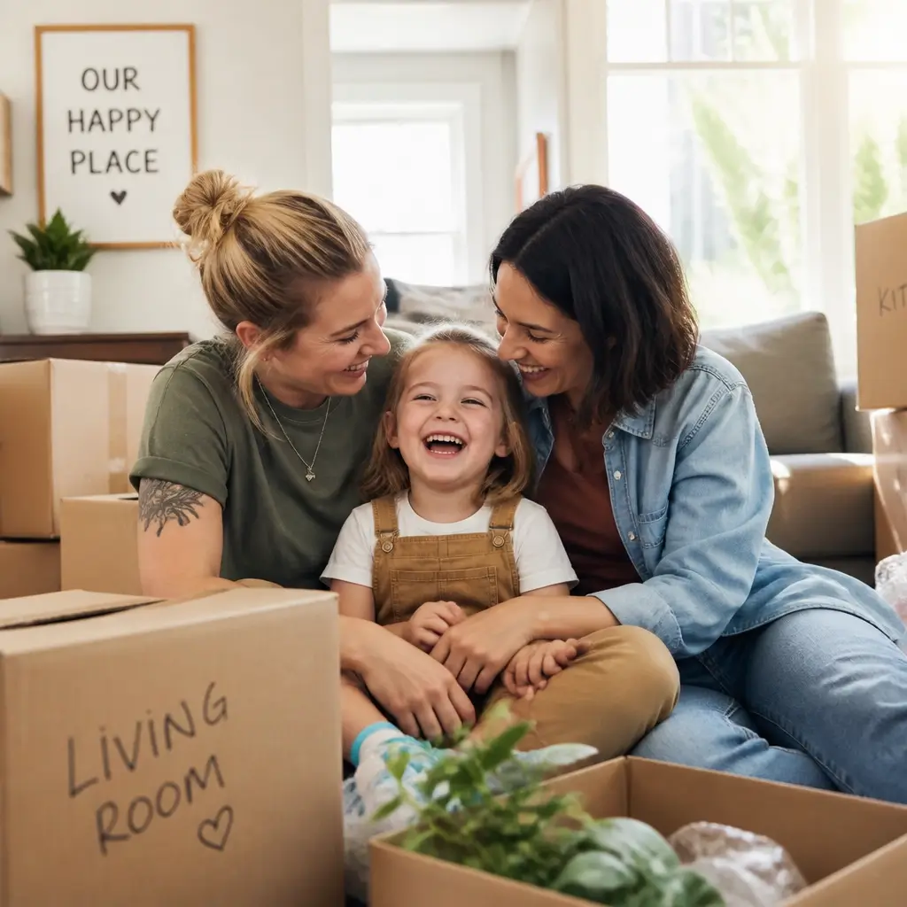An LGBTQ family with two moms and a child celebrating in their new sunlit living room.