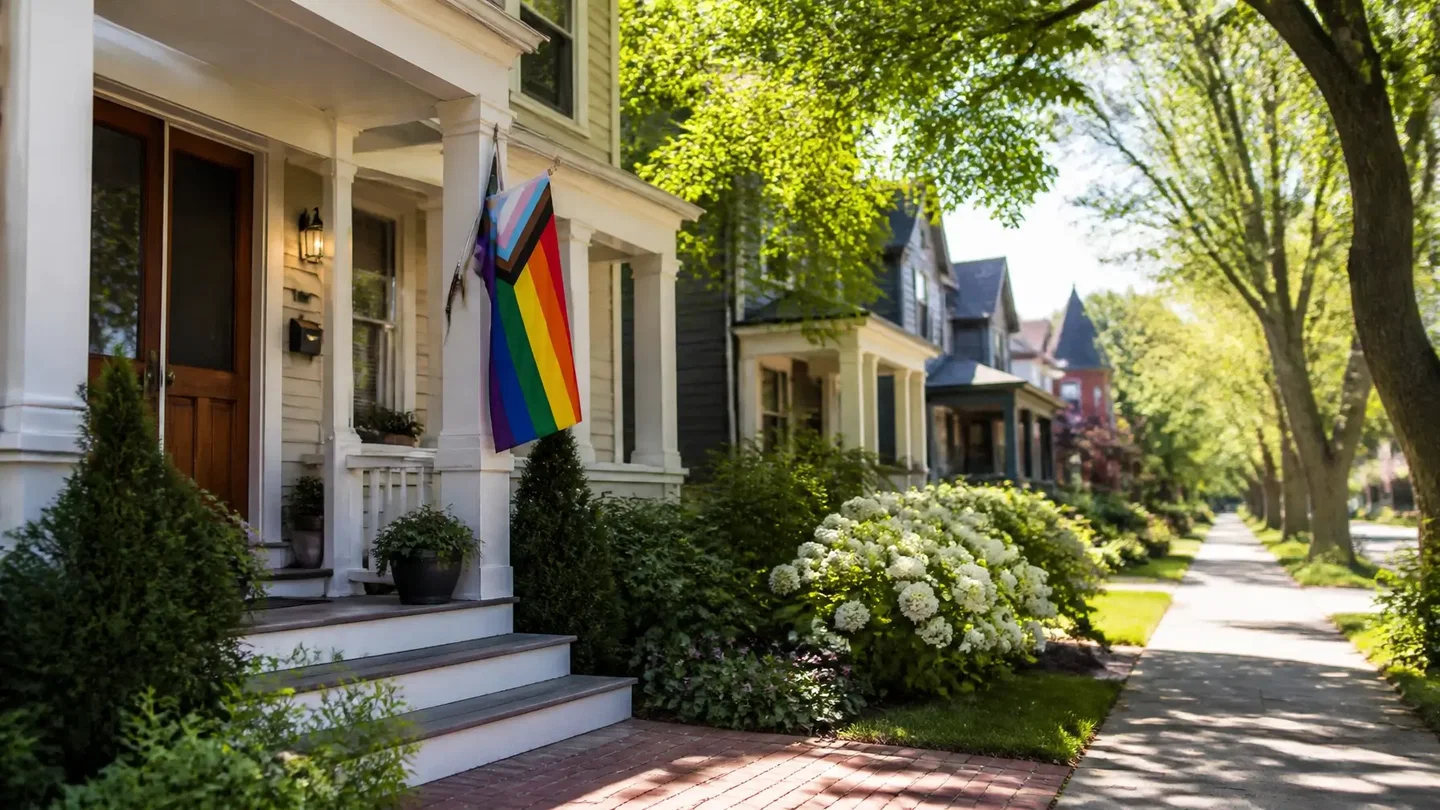 A charming suburban home with a Progress Pride flag, symbolizing a welcoming community.