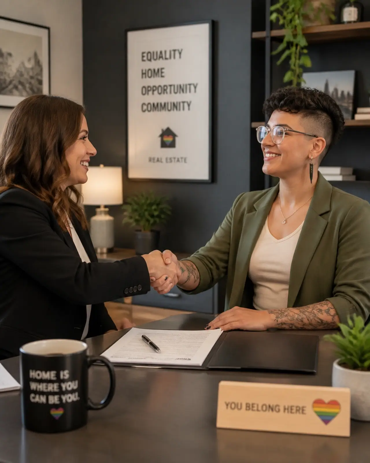 A professional agent shaking hands with an empowered LGBTQ individual, finalizing paperwork.