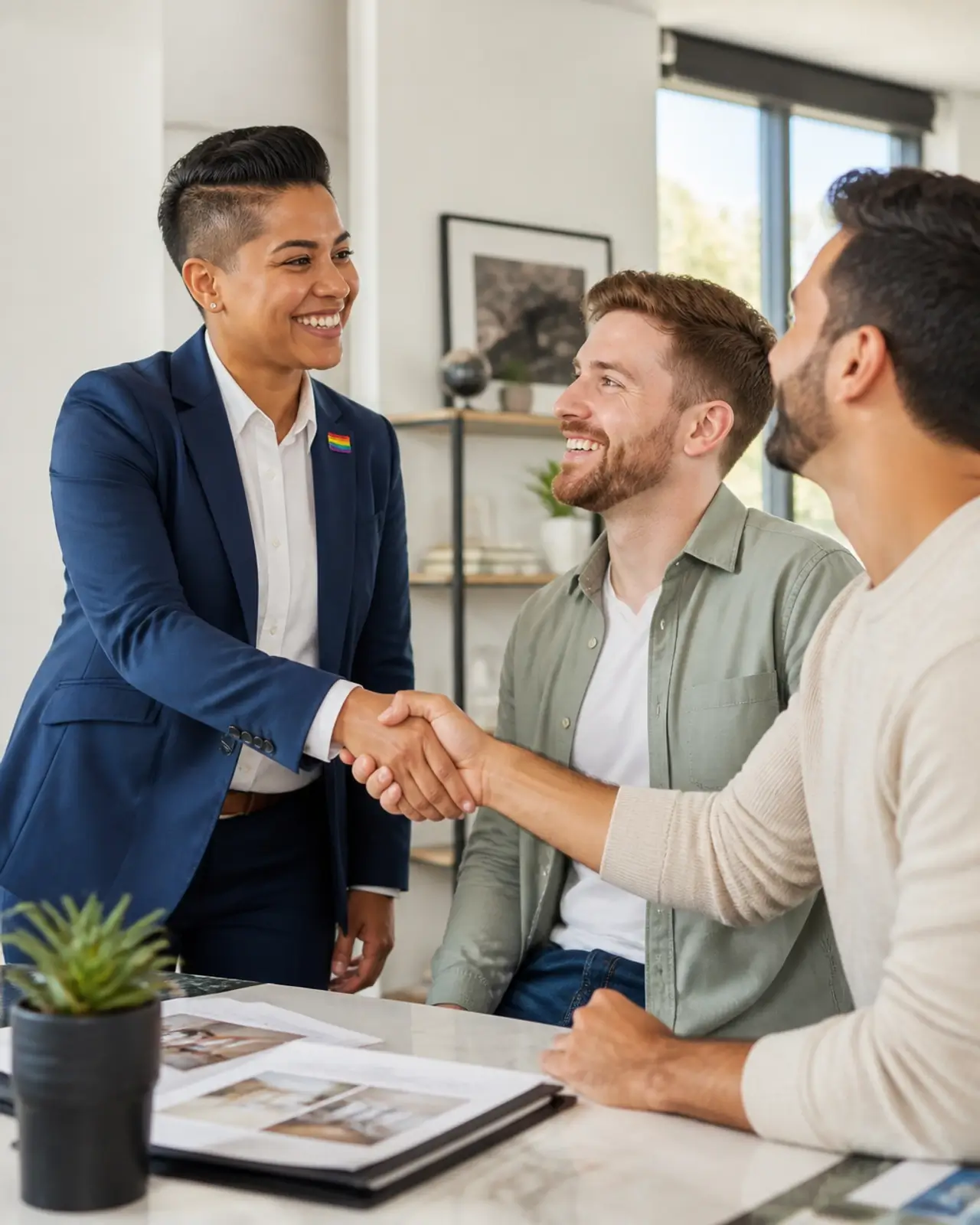 A professional real estate agent meeting with an LGBTQ couple