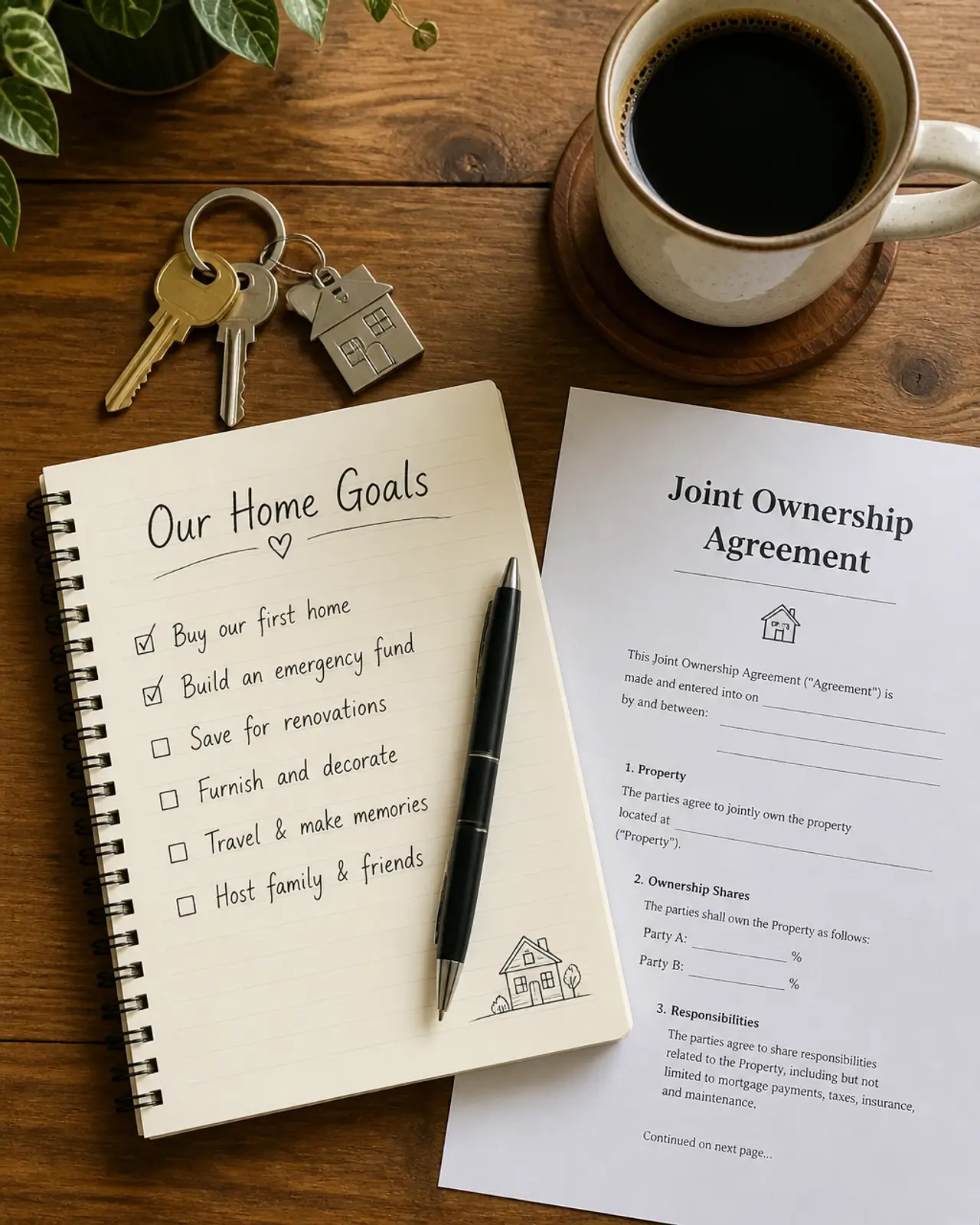 A planning layout with house keys and a home goals notebook